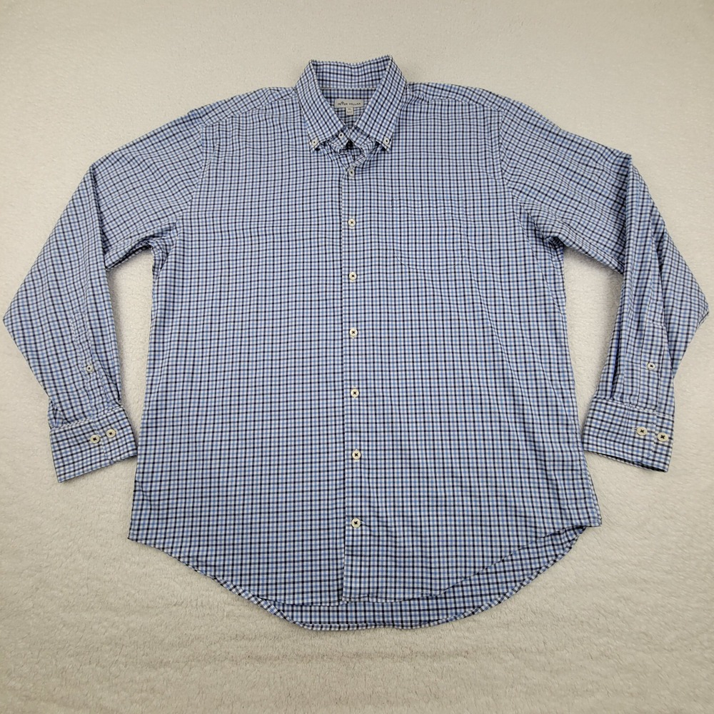 Peter Millar Button Down Shirt Mens XL Blue White Gingham Stretch Cotton Top
